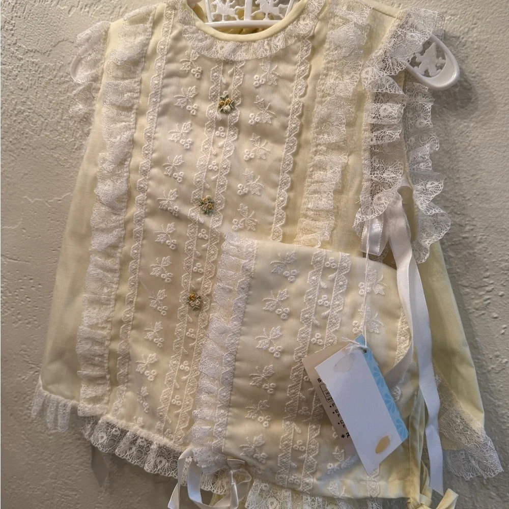 Vintage Sears Fashions for Tiny Tots Pale Yellow Baby Dress with White Lace Trim